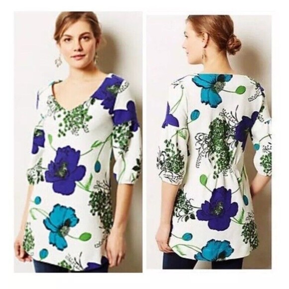 Anthropologie Deletta Haru S Floral Tunic Top Blue Green Puff Sleeve Mid Mod MCM - Picture 2 of 15